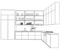 Interior sketch of kitchen room. Outline blueprint design of kitchen with modern furniture Royalty Free Stock Photo
