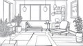 Hand-Drawn Living Room Scene with Furniture, Plants, and Desk Area Royalty Free Stock Photo