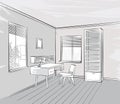 Interior sketch Retro working place furniture. Living room view