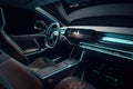 interior of sleek, futuristic car with touchscreens and holographic displays