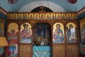 The interior of the Small beautiful Chapel of Agios Nikolaos on the cliff of the Mediterranean coast. Kolympia, Rhodes, Greece