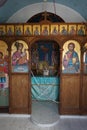 The interior of the Small beautiful Chapel of Agios Nikolaos on the cliff of the Mediterranean coast. Kolympia, Rhodes, Greece Royalty Free Stock Photo