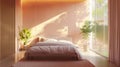 Interior of small cozy light bedroom in peach tones with panoramic window and large green plants in pots