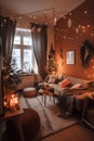 Interior of small cozy living room in gray-orange colors decorated for Christmas. Royalty Free Stock Photo