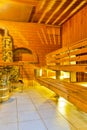 Banya and Bath House Ideas. Interior of Small Finnish Russian Wooden Banya Or Sauna With Sauna Acessories Royalty Free Stock Photo