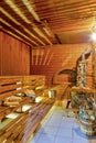 Interior of Small Finnish Russian Wooden Banya Or Sauna With Sauna Acessories Royalty Free Stock Photo