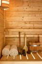 Interior of a small Finnish wooden sauna with sauna accessories Royalty Free Stock Photo