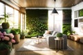 An interior of small living room full of plants with sofa and sunlight from window Royalty Free Stock Photo