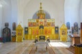 The interior of a small provincial church, the interior decoration. Icons, prayers. Russia