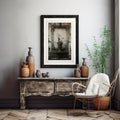 interior of a small room, an old wooden table with jugs of different sizes, a painting on the wall, Royalty Free Stock Photo