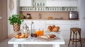 interior of small white kitchen with fresh fruit, two glasses of orange juice, and cookies on the table. Generative AI Royalty Free Stock Photo