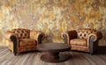 The interior of this space features vintage elements, including leather chairs and a coffee table, all created using 3D Royalty Free Stock Photo