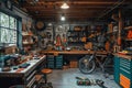 Interior of spacious, bright and clean garage workshop for DIY works and repairs. Workbenches, tools and technical Royalty Free Stock Photo