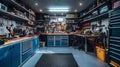 Interior of spacious, bright and clean garage workshop for DIY works and repairs. Workbenches, tools and technical