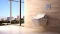 Interior of spacious clean bathroom with toilet bowl in modern apartment with beige tiled wall