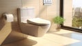 Interior of spacious clean bathroom with toilet bowl in modern apartment with beige tiled wall Royalty Free Stock Photo