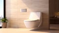 Interior of spacious clean bathroom with toilet bowl in modern apartment with beige tiled wall Royalty Free Stock Photo