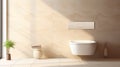 Interior of spacious clean bathroom with toilet bowl in modern apartment with beige tiled wall Royalty Free Stock Photo