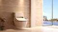 Interior of spacious clean bathroom with toilet bowl in modern apartment with beige tiled wall Royalty Free Stock Photo