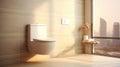 Interior of spacious clean bathroom with toilet bowl in modern apartment with beige tiled wall Royalty Free Stock Photo