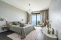 Interior of a spacious light bedroom in a luxury villa Royalty Free Stock Photo