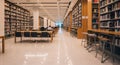 Expansive Modern Library Interior with Rows of Bookshelves, Study Tables, and Stools image Royalty Free Stock Photo