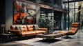 Interior of spacy loft style living area in luxury studio apartment. Dark grunge walls, large poster, leather cushioned