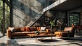 Interior of spacy loft style living room in luxury cottage. Dark grunge walls, leather cushioned furniture, wooden