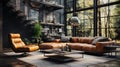 Interior of spacy loft style living room in luxury cottage. Dark grunge walls, leather cushioned furniture, wooden