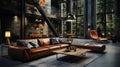 Interior of spacy loft style living room in luxury cottage. Dark grunge walls, leather cushioned furniture, wooden