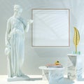 Interior square orientation poster mockup with antique greek sculpture of goddess Hebe. Realistic rendering, 3d illustration