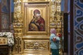 Interior of the St. Michael Golden-Domed Cathedral with icon and fragments of frescoes wall paintings in Kyiv, Ukraine