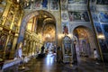 Interior of the St. Michael's Golden Domed Cathedral with altar and fragments of frescoes. Kyiv, Ukraine. April 2020