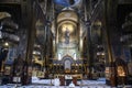 Interior of the St. Volodymyr\'s Cathedral with altar and fragments of frescoes wall paintings. Kyiv, Ukraine. April 2020