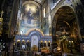 Interior of the St. Volodymyr\'s Cathedral with altar and fragments of frescoes wall paintings. Kyiv, Ukraine. April 2020