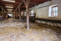 Interior of stable in horse breeding in Florianka, Zwierzyniec, Roztocze, Poland. Clean hay lying down on the floor. Drinker and Royalty Free Stock Photo