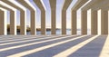 Interior of stacked rectangular concrete columns and exterior view with ocean background with light reflections through