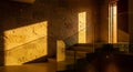 Interior Staircase with Dramatic Golden Sunlight Casting Shadows on Textured Stone Wall architecture Royalty Free Stock Photo