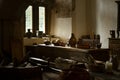 Interior stays of a medieval castle, during medieval fair in summer. Old kitchen with food and still life Royalty Free Stock Photo