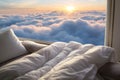 Sleeping bed with white bedding over the white clouds. Generative AI