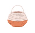 Interior storage basket made from clay and textile ropes. Trendy basketry, wicker from earthen ceramic, paper vine