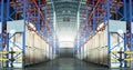 Interior of Storage Warehouse For Industrial or Logistics Background. Warehouse Space with Tall Shelves.