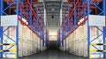 Interior of Storage Warehouse. Racks Pallets Shelves. Metal Construction. Row of Tall Shelf in Distribution Storehouse