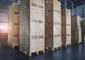 Interior of storage warehouse with stack wooden crates. shipping warehouse. cargo export import.