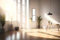 Interior studio room minimal decorated with wooden floor and sunlight.