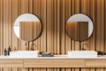Interior of stylish bathroom with wooden walls and comfortable double ceramic sink with two round mirrors. Front view. 3d