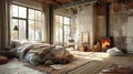 Interior of stylish bedroom with fireplace. Loft style room design. Royalty Free Stock Photo