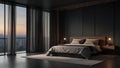 Interior of stylish bedroom, comfortable king size bed and cozy bathroom with gray bathtub in background.