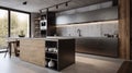 Interior of stylish kitchen with concrete walls, tiled floor, gray countertops and wooden cupboards