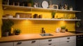 Interior of stylish kitchen with white counters, peg boards and yellow wall, generative ai Royalty Free Stock Photo